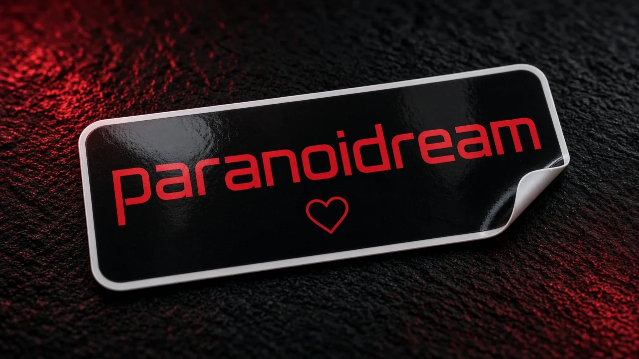 Mockup: a glossy black vinyl sticker with a white border and a peeling corner, printed with the paranoidream wordmark in red and a red outline heart under it, on a dark textured surface with red light.