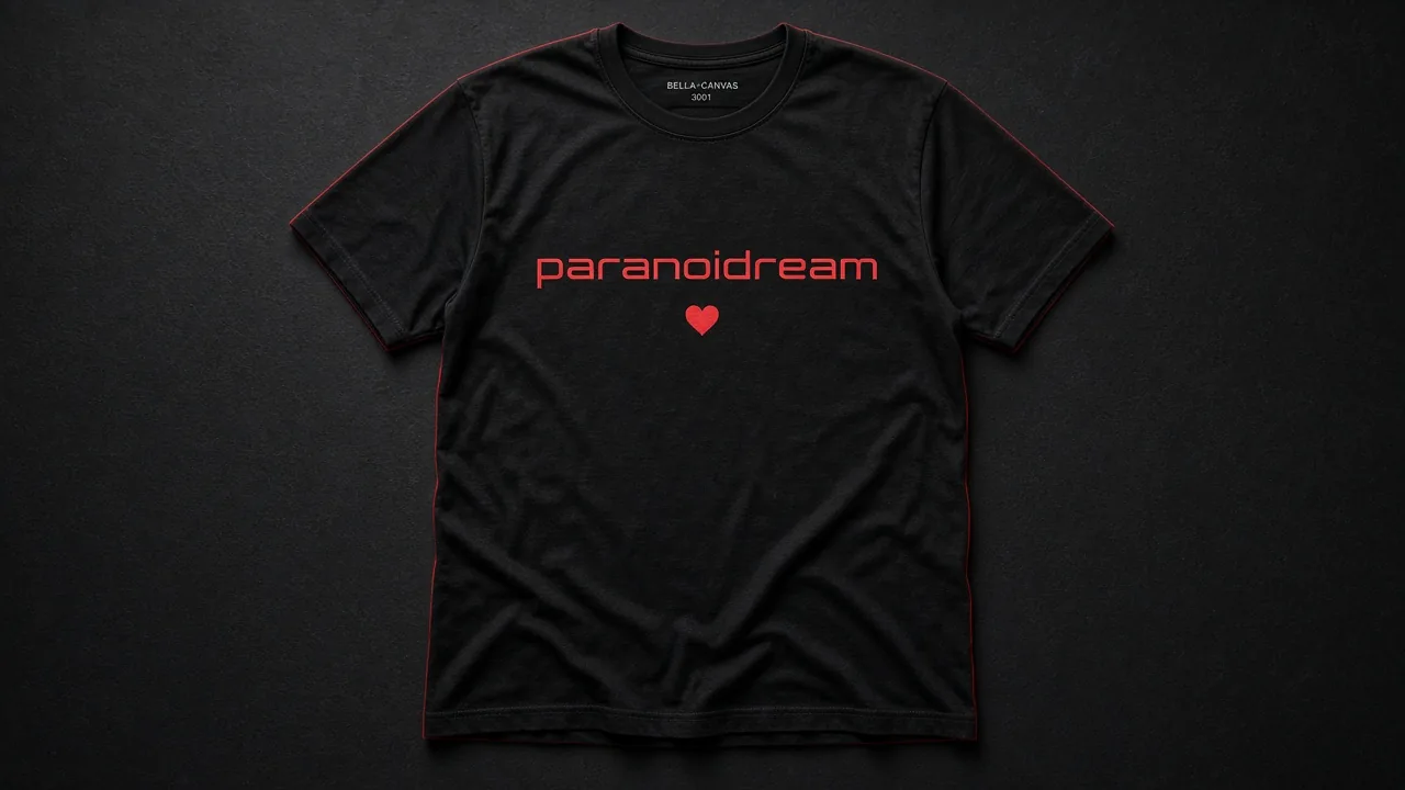 Mockup: a black Bella + Canvas 3001 t-shirt laid flat on a dark surface, with the paranoidream wordmark in red across the chest and a small red heart under it.