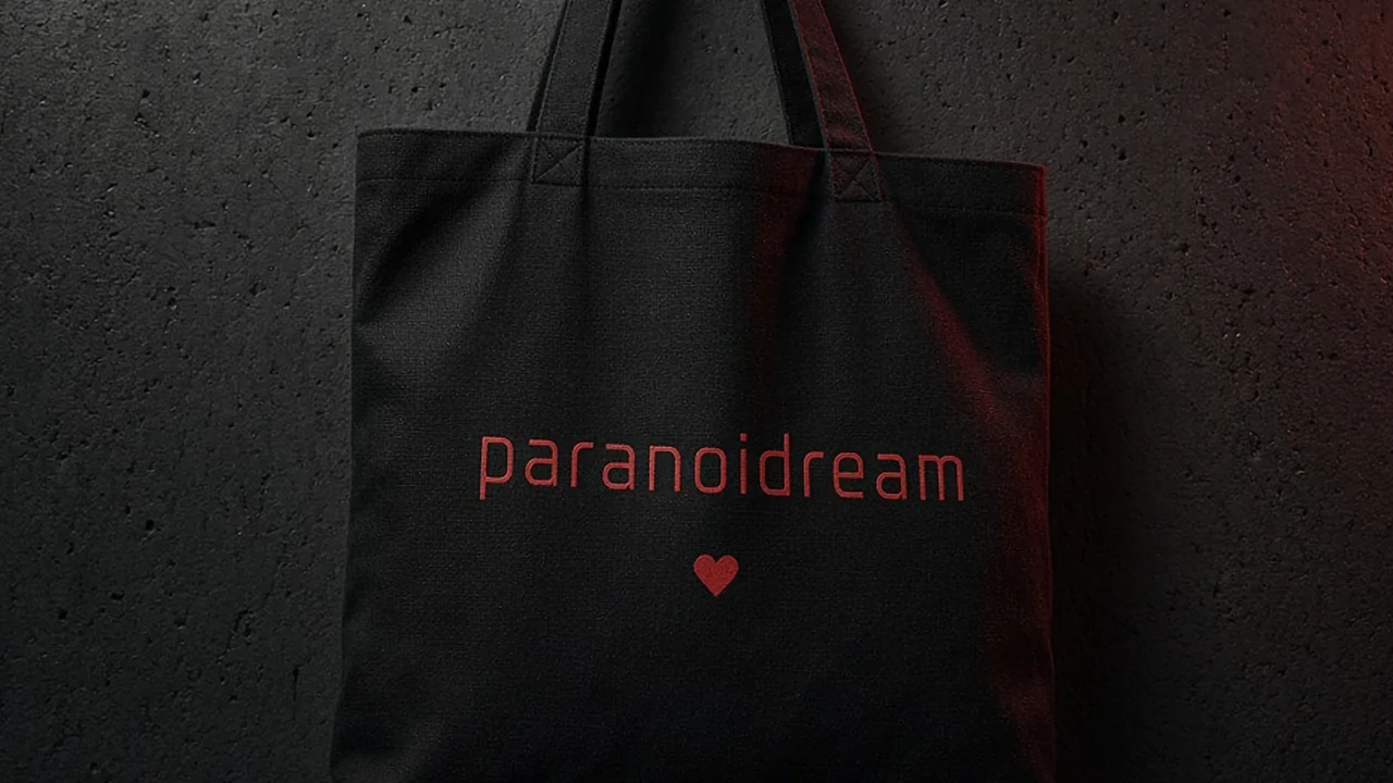 Mockup: a black canvas tote bag hanging on a hook against a dark concrete wall with red light, printed with the paranoidream wordmark in red and a small red heart under it.